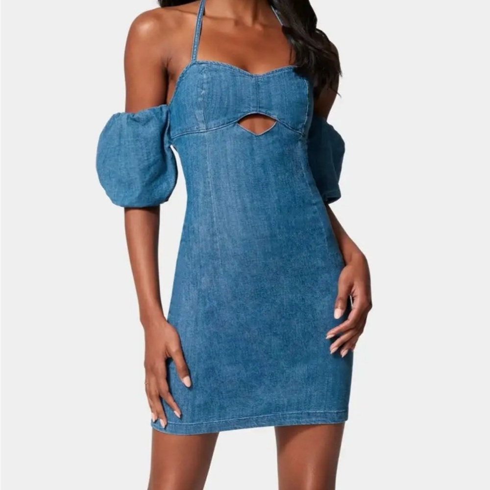 New without tags. Bebe puff sleeve denim dress